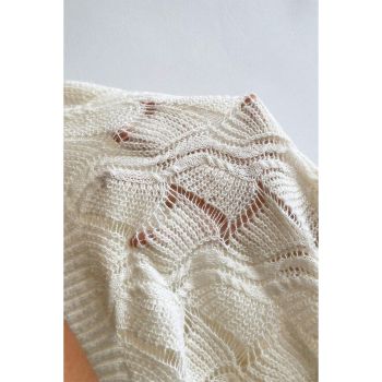 Beige Hollow Out Knit V Neck Drop Shoulder Sweater - M
