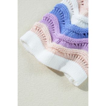 Purple Stripe Wavy Pointelle Knit Drop Shoulder Sweater - XL