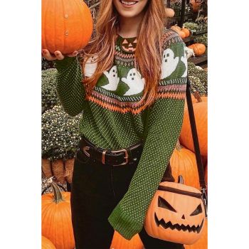 Jungle Green Halloween Ghost Pattern Drop Shoulder Sweater - XL