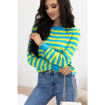 Green Stripe Crew Neck Drop Shoulder Casual Sweater - S