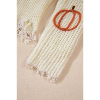 Beige Cable Knit Pumpkin Raw Hem V Neck Loose Sweater - XL