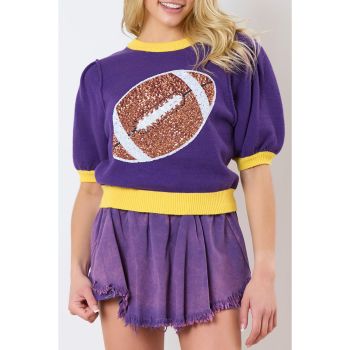 Purple Sequin Rugby Color Block Puff Short Sleeve Sweater - XL