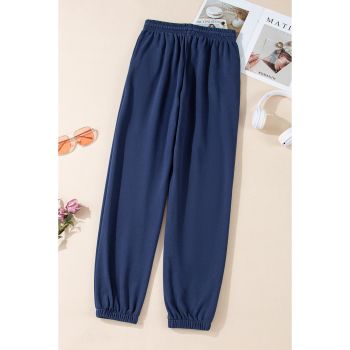 Navy Blue Solid Color Fleece Lined Drawstring Waist Joggers - S
