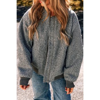 Medium Grey Fuzzy Zip Up Pocketed Sleeve Jacket - XL