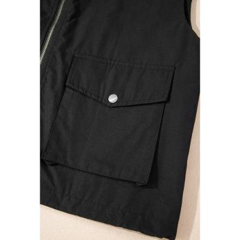 Black Flap Pockets Zip Up High Neck Vest - M
