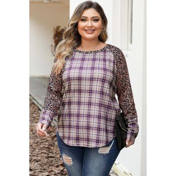 Chestnut Plus Size Leopard Raglan Sleeve Plaid Top - 2X