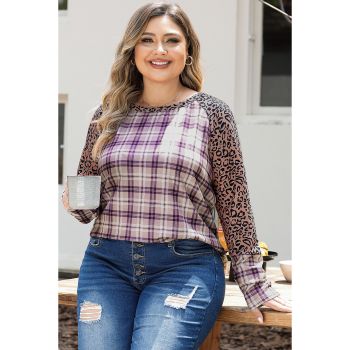 Chestnut Plus Size Leopard Raglan Sleeve Plaid Top - 3X