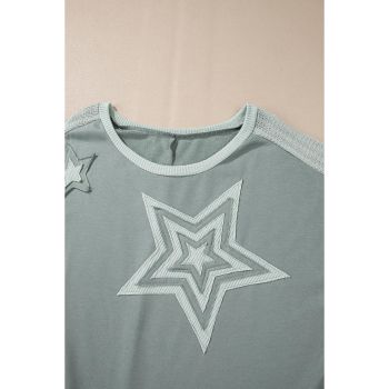 Mist Green Stars Patchwork Round Neck Plus Size T Shirt - 1X