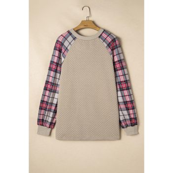 Apricot Plus Size Plaid Raglan Sleeve Crew Neck Sweatshirt - 2X