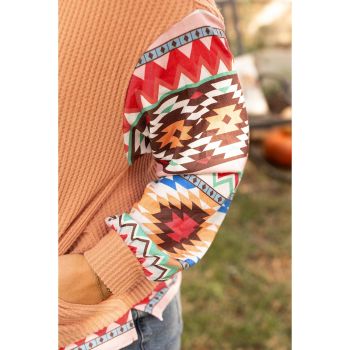 Khaki Aztec Patchwork Waffle Knit Plus Size Hoodie - 4X