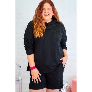 Black Textured Hoodie and Shorts Plus Size Two Piece Set - 2X