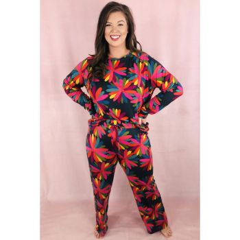 Black Plus Size Printed Long Sleeve and Pants Lounge Set - 1X