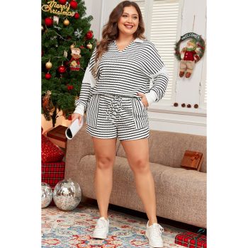 Black Stripe Collared V Neck Long Sleeve Top Plus Shorts Set - 3X