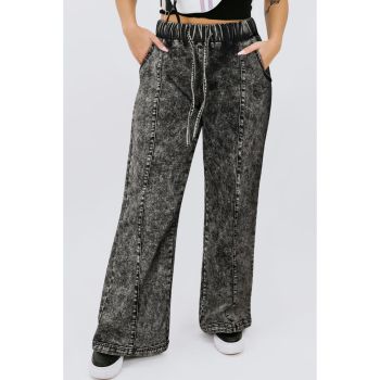 Black Plus Size Tie Dye Drawstring Splicing Wide Leg Jeans - 2X