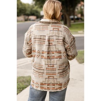 White Aztec Geometric Print Pockets Plus Size Jacket - 1X
