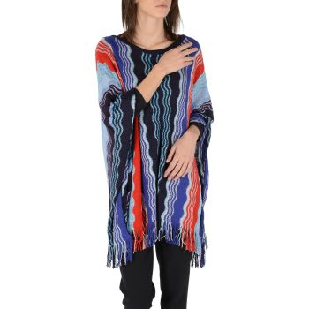 Missoni Women's Blue Striped Crew Neck Sweater with Frayed Edges - One Size