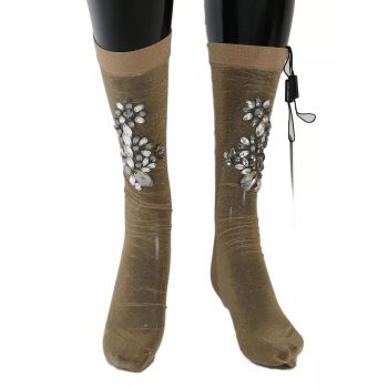 Dolce & Gabbana Women's Gold Stretch Floral Clear Crystal Stocking Socks - M