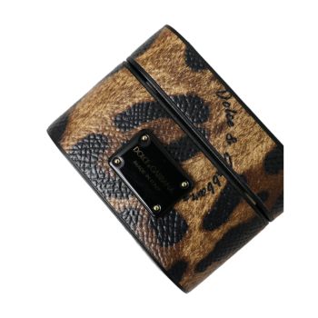 Dolce & Gabbana Women's Brown Leopard Calf Leather Metal Logo Plaque Airpods Case - One Size