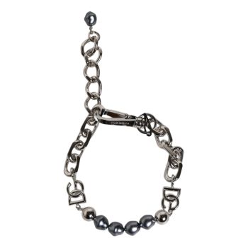 Dolce & Gabbana Men's Silver Tone Chain Lobster Clasp Logo Gray Pearls Bracelet - One Size