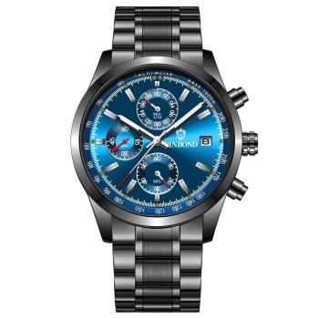 Waterproof Luminous Quartz Watch - Multifunctional 30m - Black Steel-Blue