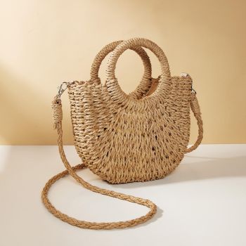Beige Half Moon Straw Tote Woven Beach Bag - Beige