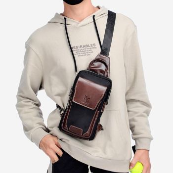 Blue Black Leather Men Chest Bag Casual Shoulder Bag