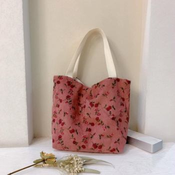 Large Capacity Corduroy Tote Bag with Floral Design - Blue Daisy