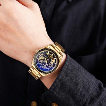 Rose Gold Automatic Skeleton Watch for Men with Steel Band
