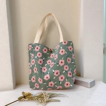 Large Capacity Corduroy Tote Bag with Floral Design - Red Rose