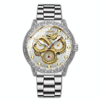 Dragon Embossed Luminous Waterproof Watch - Quartz - White Steel-Black