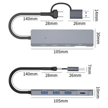 Usb / Type-C Hub Adapter 3 Usb 3.0 + Type-C Ports