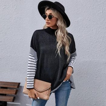 Women Long Sleeve Mock Neck Striped Knit Sweater Casual Tops Black - S