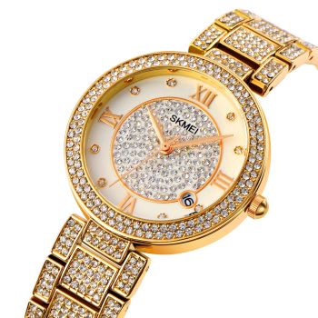 Women Quartz Watch with Diamond Roman Numerals and Round Dial - Rose Gold