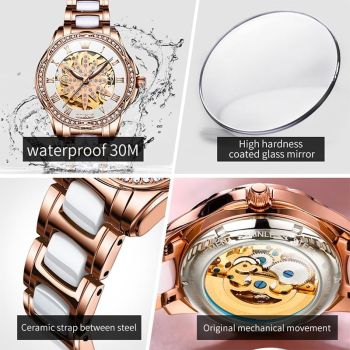 Women Waterproof Mechanical Watch with Ceramic Band - Multifunctional and Elegant