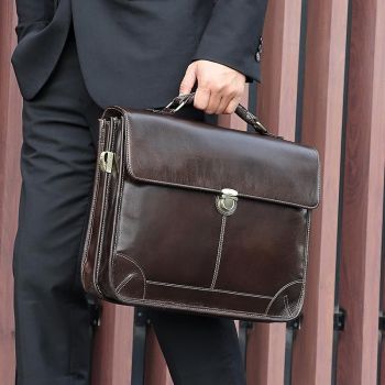 Retro Cowhide Leather Briefcase for 15.6 Laptop - Multifunctional - Coffee