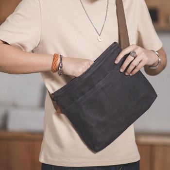 Retro Minimalist Oil Wax Canvas Shoulder Bag Dark Gray