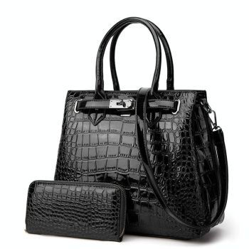 Large Capacity 2-in-1 Crocodile Patent Leather Shoulder Bag - Wine Red