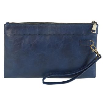 Vintage Leather Envelope Clutch with Zipper Closure - Black