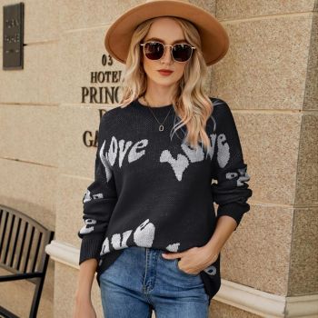 Women Round Neck Knitted Sweater Letters Jacquard Pullover Sweater - Size S - Red