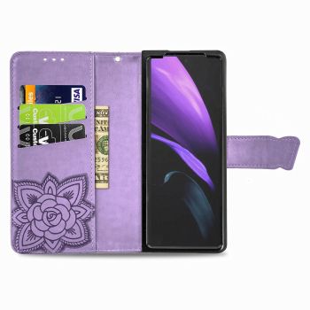 For Samsung Galaxy Z Fold4 5G Embossed Butterfly Love Leather Case - Flower Design - Black