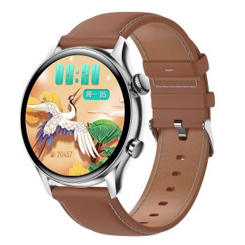 1.36 Inch Amoled Screen Leather Strap Smart Watch Support Nfc Function / Blood Oxygen Monitoring - Gold