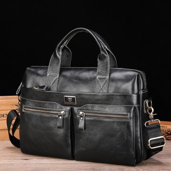 Large Capacity Retro Cowhide Briefcase - Coffee
