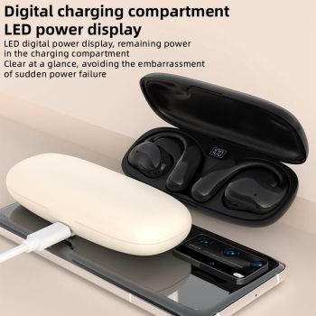 Bluetooth Earphones with Hanging Ear Design and Digital Display Charging Case - Black