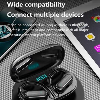 Waterproof Wireless Bluetooth Earphones with Led Display - Black