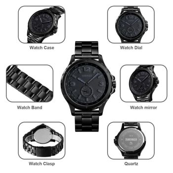 Stylish Waterproof Men Quartz Watch with Steel Band - Black