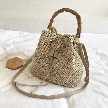 Handwoven Bamboo Bucket Bag - Shoulder / Messenger Style - White