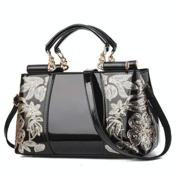 Shiny Leather Handbag with Single-sided Embroidery - Red