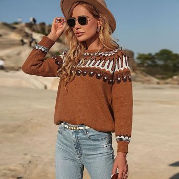 Fall Winter Women Knitted Long Sleeve Sweater Pullover Brown - M