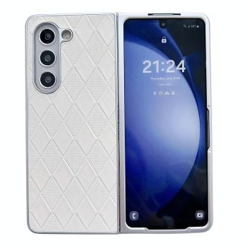 For Samsung Galaxy Z Fold4 5G Checkered Leather Phone Case With Pearlescent Finish - Brown