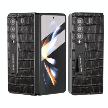 For Samsung Galaxy Z Fold4 5G Premium Leather Phone Case - Crocodile Texture - Brown